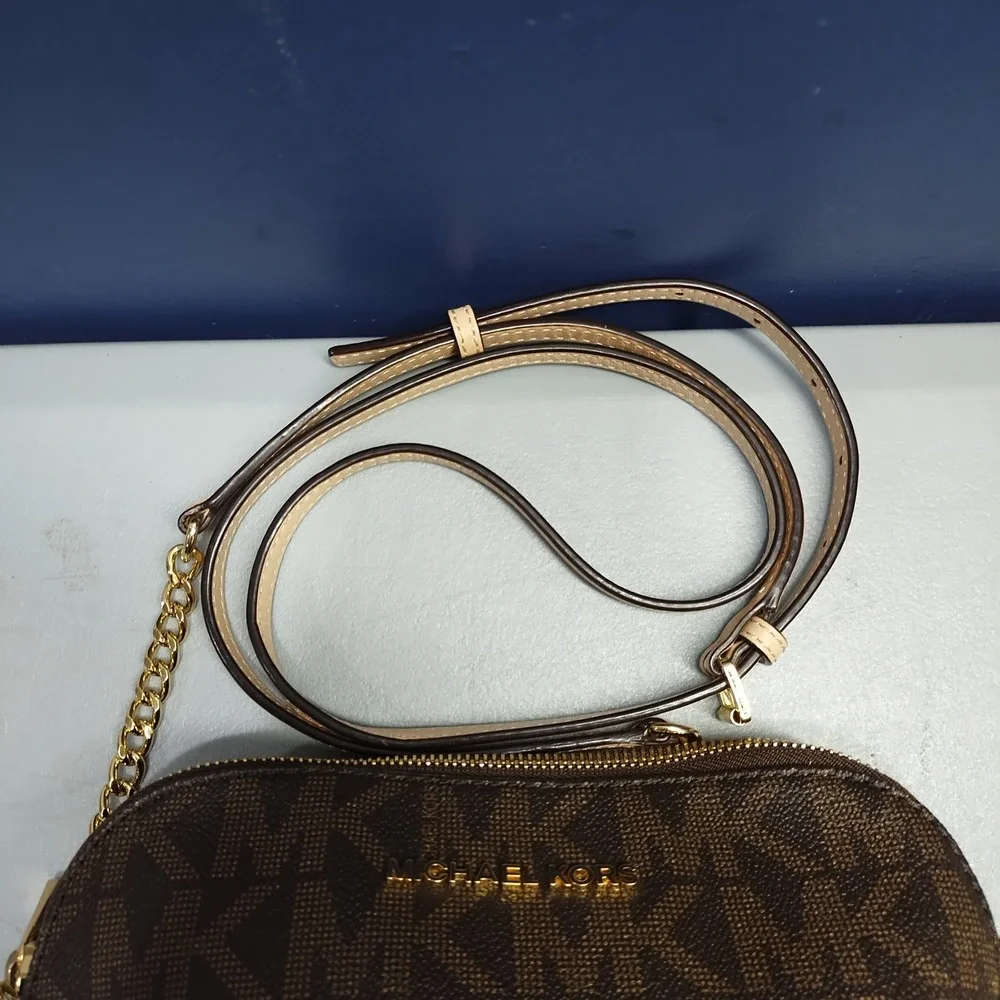 Michael Kors Jet Set Crossbody Bag Womens Brown Allover Logo Print Chain Strap